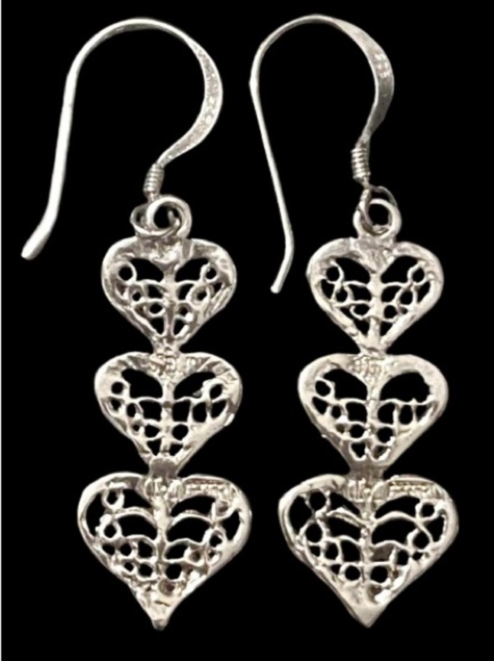 Vtg Sterling Silver 925 Triple Heart Filigree Drop Dangle Earrings Openwork Lace